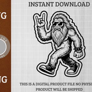 May include: Black and white digital graphic of a Bigfoot character wearing sunglasses and sneakers, making a rock and roll hand gesture. The image includes the text "SVG" and "PNG" and the words "INSTANT DOWNLOAD".