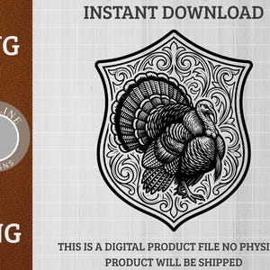 Może przedstawiać: Czarno-biała ilustracja indyka w dekoracyjnej tarczy. Obraz zawiera tekst "SVG" i "PNG" oraz słowa "NATYCHMIASTOWE POBIERANIE". Jest to plik produktu cyfrowego.