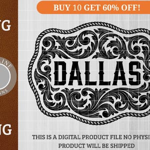 May include: Black and white digital design featuring the word "DALLAS" in bold letters, surrounded by ornate scrollwork and a rope-like border. The design includes the text "SVG" and "PNG" and the logo of Vividline Designs.