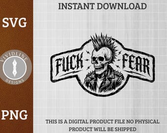 Fuck Fear Punk Skull SVG PNG | Biker Tattoo Mohawks Studs Logo | Laser Engrave Leather Hat Patch File