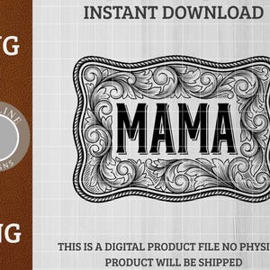 Puede incluir: Diseño digital en blanco y negro con la palabra "MAMA" en negrita, enmarcada por un borde ornamental de volutas. El diseño incluye los textos "SVG" y "PNG" y el logotipo de Vividline Designs. Las palabras "DESCARGA INSTANTÁNEA" están en la parte superior.