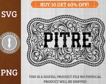 Custom Western Belt Buckle SVG PNG Southern Greeting Cowboy Cowgirl Ornate Floral Scrollwork Laser Engraving File Leather Hat Patch Design
