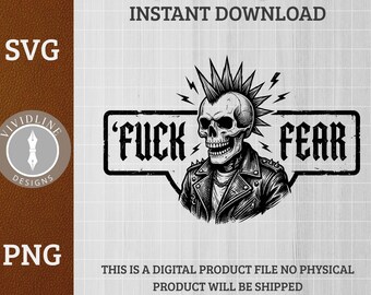 Fuck Fear Punk Skull SVG PNG | Biker Tattoo Mohawks Studs Logo | Laser Engrave Leather Hat Patch File