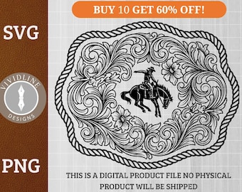 Western Belt Buckle SVG PNG Southern Greeting Cowboy Cowgirl Ornate Floral Scrollwork Laser Engraving File Leather Hat Patch Design