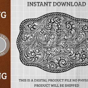 Puede incluir: Archivo digital SVG y PNG en blanco y negro de un diseño de hebilla de cinturón decorativa. La hebilla presenta un intrincado patrón floral dentro de un borde de estilo cuerda. También se ven las palabras "DESCARGA INSTANTÁNEA" y "VIVIDLINE DESIGNS".