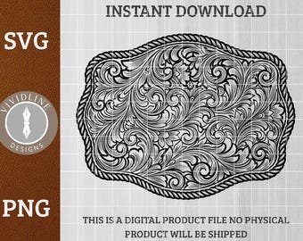 Western Belt Buckle SVG PNG Southern Greeting Cowboy Cowgirl Ornate Floral Scrollwork Laser Engraving File Leather Hat Patch Design
