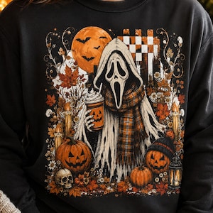 Ghostface Fall Coffee PNG | Halloween Latte Sublimation Design | Spooky Pumpkin Graphic | Autumn Digital Download