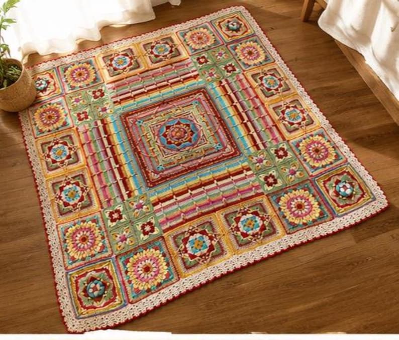 May include: A colorful, square crochet blanket with a floral and geometric pattern. The blanket features a central square design surrounded by smaller squares with floral motifs. The edges are finished with a white lace trim and a red border.