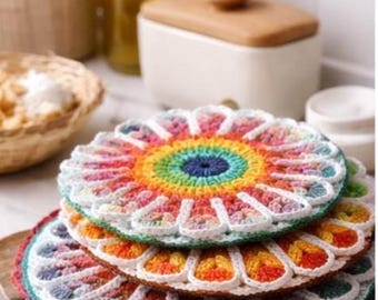 Crochet Mandala Pot Holder Pattern | Floral Crochet Coaster | Kitchen Crochet Decor | Round Crochet Potholder | Boho Crochet Pattern