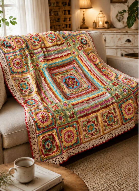 Crochet Patchwork Blanket Pattern | Colorful Granny Square Afghan | Boho Mandala Throw Crochet | Vintage Style Blanket | Cozy Handmade Decor