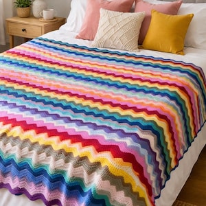 Rainbow Ripple Crochet Blanket Pattern | Chevron Crochet Blanket | Colorful Zigzag Throw | Boho Crochet Blanket | Striped Crochet Pattern