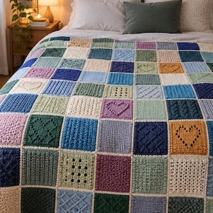Crochet Sampler Blanket Pattern | Patchwork Afghan Squares | Textured Stitch Throw | Heart Motif Granny Square Blanket | Crochet Pattern PDF