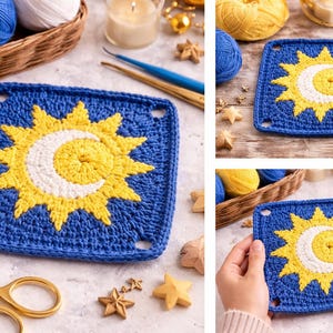 Sun and Moon Granny Square Pattern | Celestial Crochet Motif | Boho Crochet Square | Sunburst Crochet Design | Moon Crochet Pattern