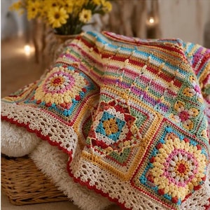 May include: A colorful, handmade crochet blanket with a floral design. The blanket features squares in various colors, including yellow, red, blue, and green. The edges are finished with a cream-colored, scalloped trim. The blanket is folded over a wicker basket.