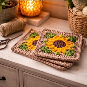 May include: Handmade crochet coasters featuring a sunflower design. The coasters have a tan border with a yellow and brown sunflower in the center, surrounded by green leaves. The coasters are stacked on a white surface.