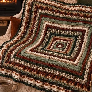 Peut inclure: Une couverture carrée au crochet présentant un motif concentrique de bandes alternées dans des tons vert forêt, crème et brun rouille profond. Le design intègre divers points texturés, notamment des motifs en relief et en coquille.