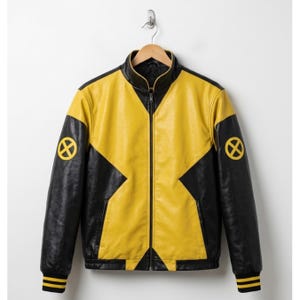May include: A yellow and black jacket featuring a high collar, a full-length front zipper, and long sleeves with ribbed cuffs. The design includes a yellow X-Men logo emblem on each upper sleeve and a geometric color-blocked pattern throughout.