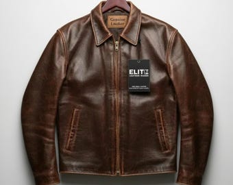 Chaqueta de piel de vaca marrón artesanal / Chaqueta estilo bóxer retro para hombre / Chaqueta de motociclista desgastada