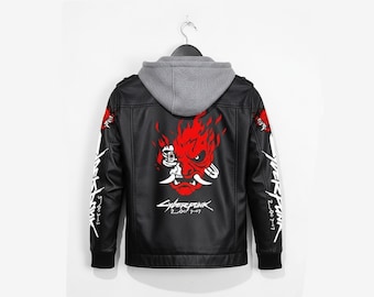 Kurtka Cyberpunk 2077 Samurai w kolorze czarnym | Skórzany płaszcz motocyklowy z kapturem dla mężczyzn i kobiet
