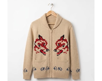 Pull inspiré du cardigan Renard Je vous salue Marie | Cardigan zippé en laine tricoté à la main de style canadien