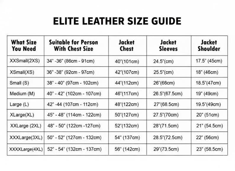 May include: An "ELITE LEATHER SIZE GUIDE" chart with measurements in inches and centimeters. The chart includes sizes from XXSmall to XXXXLarge, detailing chest, sleeve, and shoulder measurements for jackets. The text is in black.