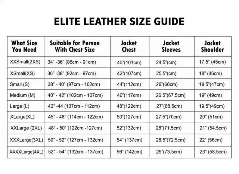 May include: An Elite Leather Size Guide chart with measurements in centimetres and inches. The chart includes sizes from XXSmall to XXXXLarge, detailing chest, sleeve, and shoulder measurements for jackets.