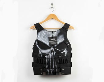 Chaleco de cuero con calavera de Punisher hecho a mano / Disfraz táctico ajustable para cosplay