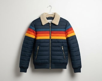 Chaqueta acolchada de rayas arcoíris retro de los años 70: abrigo de invierno unisex hecho a mano con cuello polar