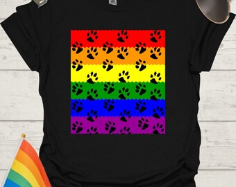 Unisex Pride T-Shirt - LGBT Pride Flag Ripples, Animal Paws Pattern Design