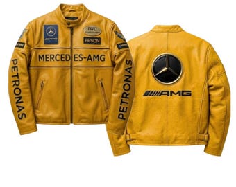 Handmade Mercedes AMG Petronas F1 Yellow Cowhide Leather Motorbike Riding Jacket Biker Streetwear Racing Apparel