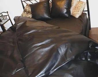 Prześcieradło ze skóry NAPPA z poszewkami na poduszki i kołdrą, 100% z prawdziwej czarnej skóry