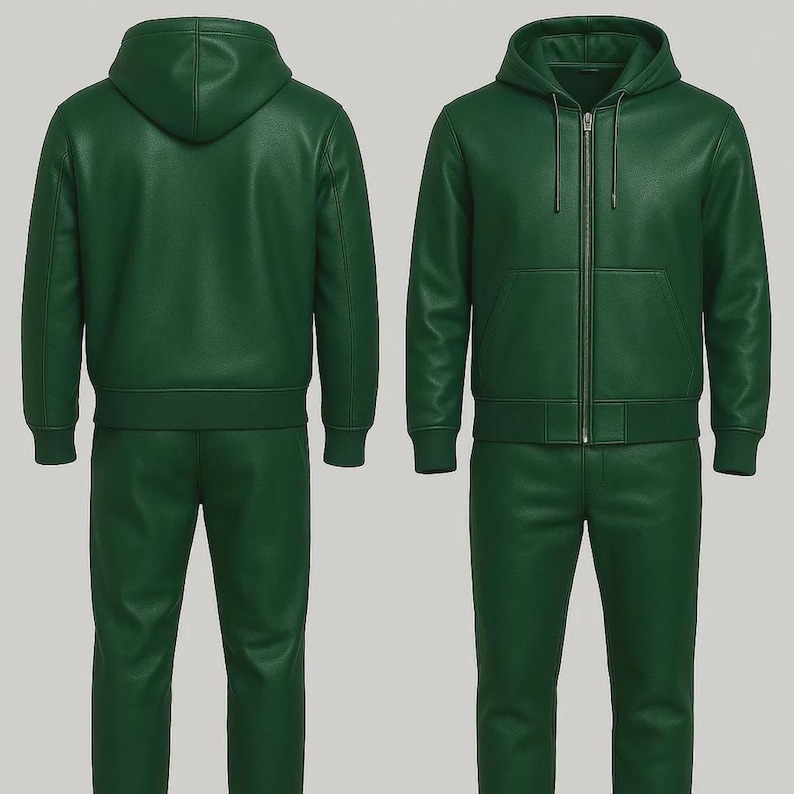 Pode incluir: Um fato de treino de couro verde de duas pe&ccedil;as. O casaco tem capuz, fecho de correr frontal e bolso canguru. As cal&ccedil;as s&atilde;o de perna reta. O fato de treino &eacute; exibido pela frente e por tr&aacute;s.