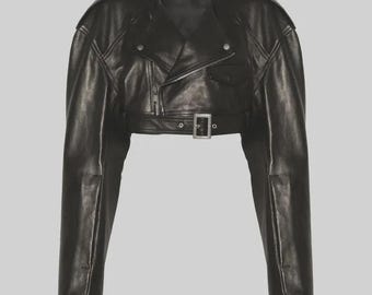 Chaqueta de piel de cordero corta estilo motero Rick Owens hecha a mano - Chaqueta de motociclista, prenda exterior para mujer