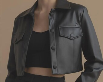 Chaqueta corta de cuero negra hecha a mano / Estilo motero minimalista