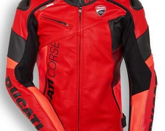 Chaqueta de moto de cuero rojo Ducati Corse: Equipamiento de motociclista con protección CE para MotoGP.