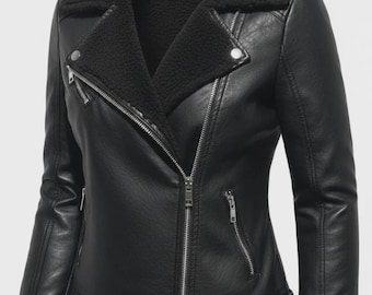 Chaqueta motera negra de piel sintética – Abrigo motero con forro de borrego, estilo cálido de invierno.