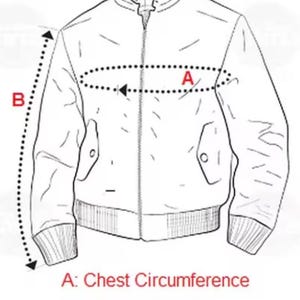 Pode incluir: Desenho de uma jaqueta com etiquetas de medi&ccedil;&atilde;o. O diagrama mostra como medir a circunfer&ecirc;ncia do peito e o comprimento da manga. As etiquetas de texto s&atilde;o "A: Circunfer&ecirc;ncia do peito" e "B: Comprimento das mangas".