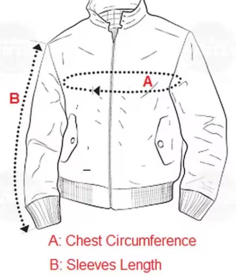 Pode incluir: Desenho de uma jaqueta com etiquetas de medi&ccedil;&atilde;o. O diagrama mostra como medir a circunfer&ecirc;ncia do peito e o comprimento da manga. As etiquetas de texto s&atilde;o "A: Circunfer&ecirc;ncia do peito" e "B: Comprimento das mangas".