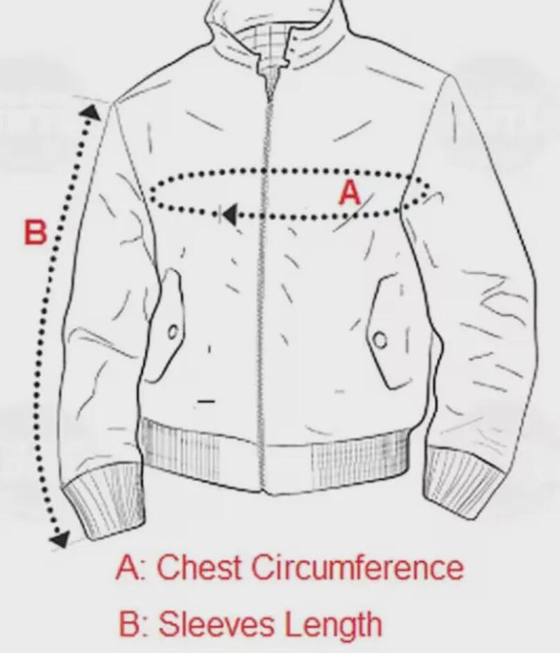 May include: Line drawing of a jacket with measurement indicators. Dotted lines show how to measure chest circumference and sleeve length. Text at the bottom reads: A: Chest Circumference, B: Sleeves Length.