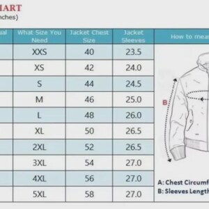 May include: A men's size chart with measurements in inches. The chart includes chest size, jacket size, and sleeve length, with a diagram illustrating how to measure chest circumference and sleeve length.