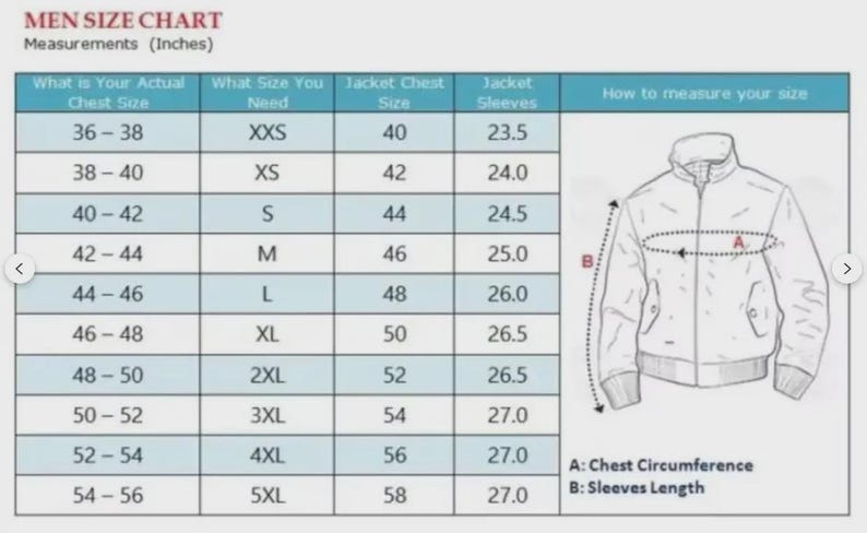 May include: A men's size chart with measurements in inches. The chart includes chest size, jacket size, and sleeve length, with a diagram illustrating how to measure chest circumference and sleeve length.