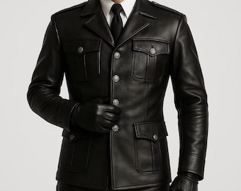 Chaqueta militar negra de cuero para hombre de la Segunda Guerra Mundial: abrigo de cuero auténtico hecho a mano con charreteras y bolsillos.