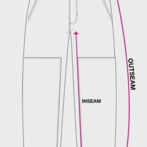 May include: Diagram of pants with labeled measurements: waist, outseam, inseam, and leg opening. The illustration is in black and white, with pink arrows indicating the measurement points. The pants have pockets and a button closure.