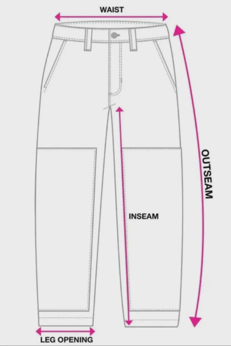 May include: Diagram of pants with labeled measurements: waist, outseam, inseam, and leg opening. The illustration is in black and white, with pink arrows indicating the measurement points. The pants have pockets and a button closure.