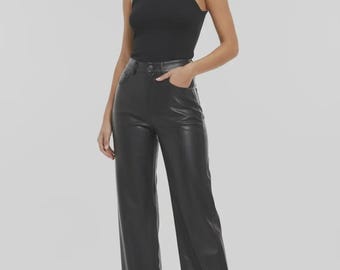 Pantalones de cuero negro de cintura alta para mujer / Pantalones de piel de cordero auténtica / Leggings de cuero ajustados para motociclistas