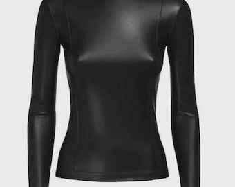 Top de cuello alto de piel de cordero para mujer, hecho a mano, suéter ajustado, estilo urbano a la moda.