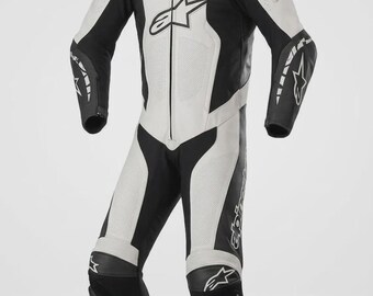 Traje de cuero Alpinestars personalizado para carreras de moto - Blanco y negro