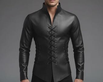 Black Leather Renaissance Shirt, Gothic Lace-Up, Medieval Pirate Top, Fitted Doublet
