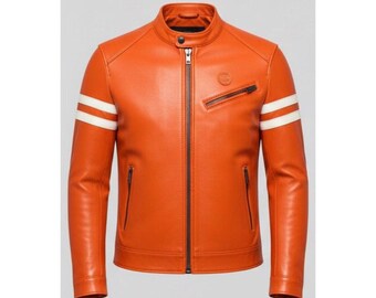 Chaqueta motera de piel de oveja naranja hecha a mano: estilo café racer.