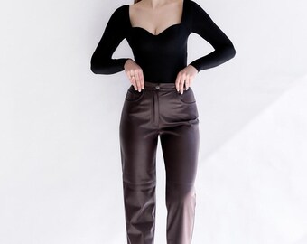 Women's Burgundy Vegan Leather Pants, High Waist Straight Leg Trousers, Minimalist Eco Streetwear